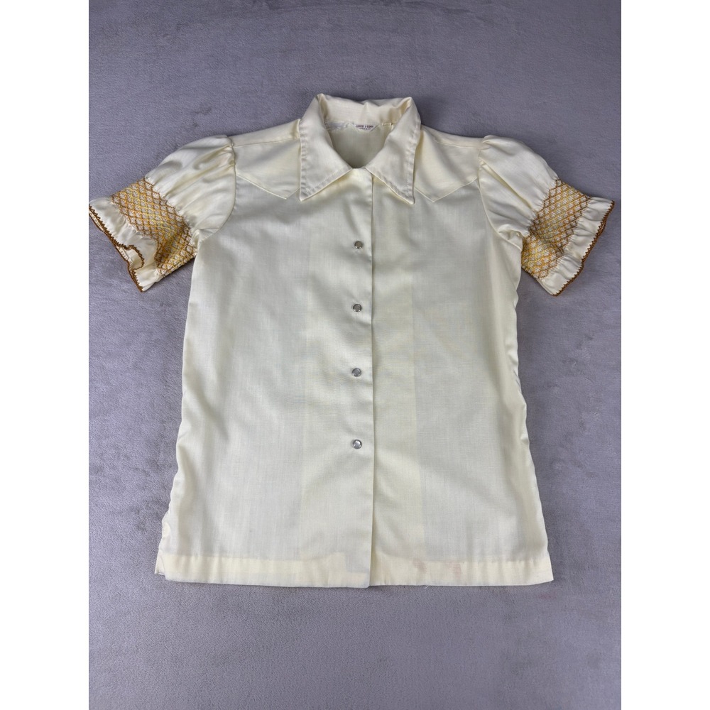 Vintage Convert-A-Blouse Cream Gold Smocked Puff Sleeve Western Snap Blouse Top